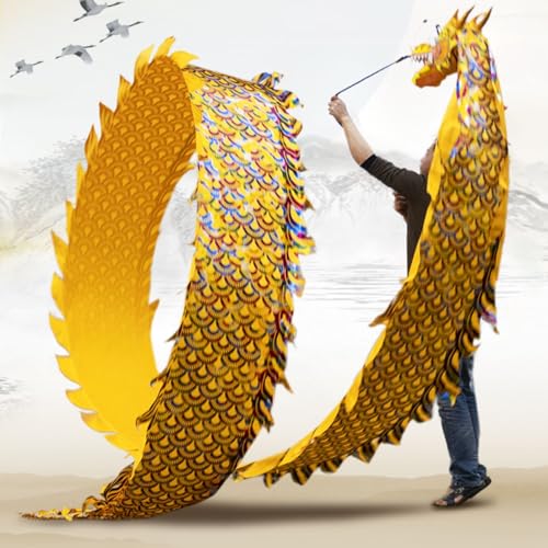 HYQING Drachenpoi, einseitiges goldenes Tanzdrachenband, waschbarer bunter Drachenstreamer mit echt aussehendem Drachenkopf aus Kunststoff, Drachenpoi for Gymnastik/Fitness(8 m (26 ft)) von HYQING