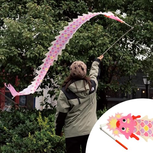 HYQING Dragon Poi, Drachentanzband for Kinder und Erwachsene, Outdoor-Fitness-Drachen-Streamer-Teleskopstange und Reisetasche, 2,4 m Lange Drachen-Spinnbänder(Pink) von HYQING