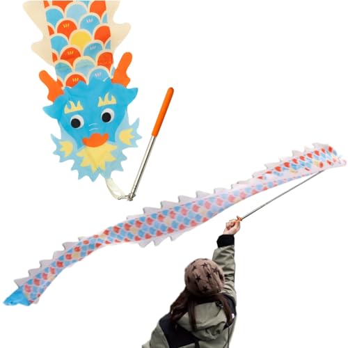 HYQING Dragon Poi, farbenfroher Drachen-Streamer for Kinder und Anfänger, Dance Dragon Poi Set mit längenverstellbarer Teleskopstange und Aufbewahrungstasche, kleine Kunst-Tanzflagge(Blue) von HYQING