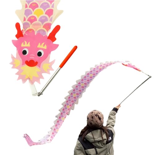 HYQING Dragon Poi, farbenfroher Drachen-Streamer for Kinder und Anfänger, Dance Dragon Poi Set mit längenverstellbarer Teleskopstange und Aufbewahrungstasche, kleine Kunst-Tanzflagge(Pink) von HYQING