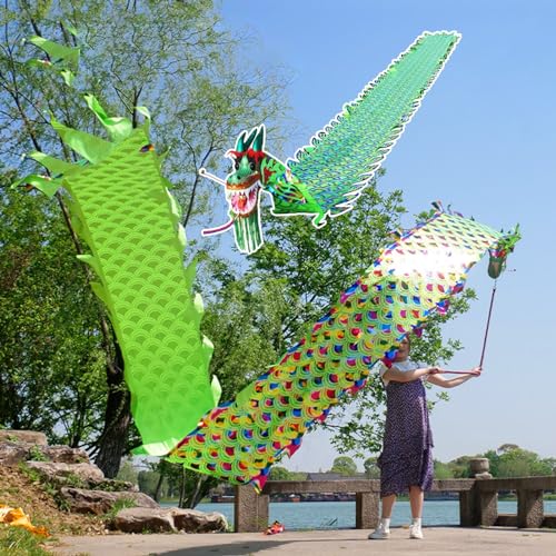 HYQING Dragon Poi, waschbarer, farbenfroher Tanzdrachen-Streamer, drehender und schüttelnder Poi im Drachendesign mit Drachenkopf, Schleuderband for Outdoor-Sportarten for Senioren(Green,8 m (26 ft)) von HYQING