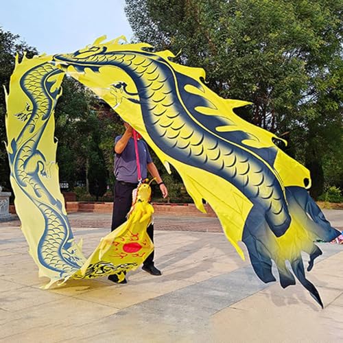 HYQING Dragon Poi Dance Drachenband mit chinesischem Loong-Bild, Outdoor-Flinging-Fitness, farbenfrohe Drachen-Luftschlange, 26 Fuß/33 Fuß Lange Drachen-Design-Kunst-Tanzflagge(Yellow,10 m (33 ft)) von HYQING