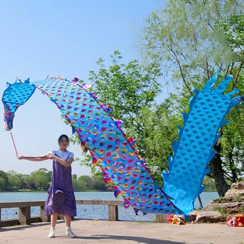 HYQING Dragon Poi Dragon Dance Ribbon Bunte Schuppen, Outdoor Fitness Dragon Poi Schleuderband, Einseitiges Drachendesign Drehbänder for offene Plätze(Blue,6 m (20 ft)) von HYQING