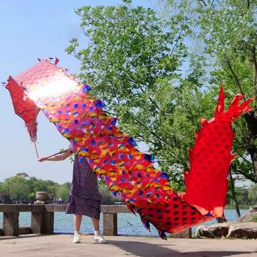 HYQING Dragon Poi Dragon Dance Ribbon Bunte Schuppen, Outdoor Fitness Dragon Poi Schleuderband, Einseitiges Drachendesign Drehbänder for offene Plätze(Red,6 m (20 ft)) von HYQING