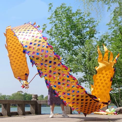 HYQING Dragon Poi Dragon Dance Ribbon Bunte Schuppen, Outdoor Fitness Dragon Poi Schleuderband, Einseitiges Drachendesign Drehbänder for offene Plätze(Yellow,8 m (26 ft)) von HYQING