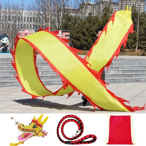 HYQING Dragon Poi Waschbarer Drachentanz-Banddrachen, Fitness-Drachen-Spinnband mit 3D-echtem Drachenkopf aus Kunststoff, Bühnenrequisiten-Set for Eventfeiern(Yellow,12 m (39 ft)) von HYQING