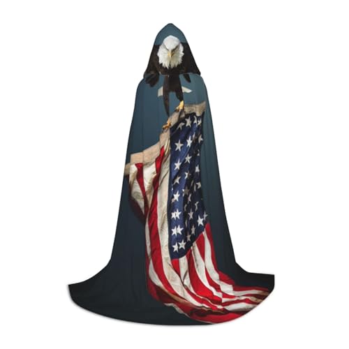 HYSDPUZK 3D Weißkopfseeadler fliegt mit amerikanischer Flagge, Kapuzenumhang für Teenager, Halloween-Kostüm, Cosplay, Maskerade, Zauberer-Robe von HYSDPUZK