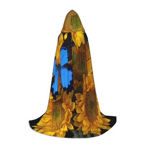 HYSDPUZK Gelbe Sonnenblumen mit blauen Schmetterlingen, Kapuzenumhang für Teenager, Halloween-Kostüm, Cosplay, Maskerade, Zauberer-Bademantel von HYSDPUZK