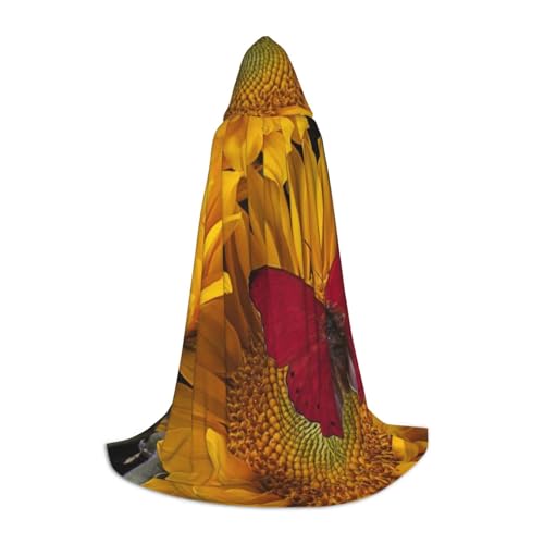 HYSDPUZK Gelbe Sonnenblumen mit rotem Schmetterling, Kapuzenumhang für Teenager, Halloween-Kostüm, Cosplay, Maskerade, Zauberer-Robe von HYSDPUZK