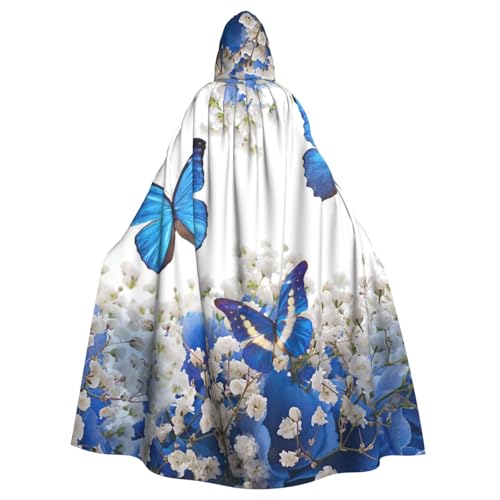 HYSDPUZK Halloween-Kapuzenumhang für Unisex-Erwachsene, lustig, blaue Schmetterlinge, weiße Blumen, Druck, Party- und Cosplay-Umhang von HYSDPUZK