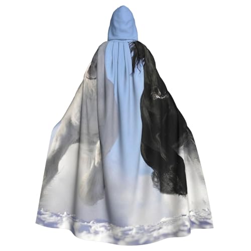 HYSDPUZK Halloween-Kapuzenumhang für Unisex-Erwachsene, lustig, schwarz-weiße Pferde, laufender Druck, Party- und Cosplay-Umhang von HYSDPUZK