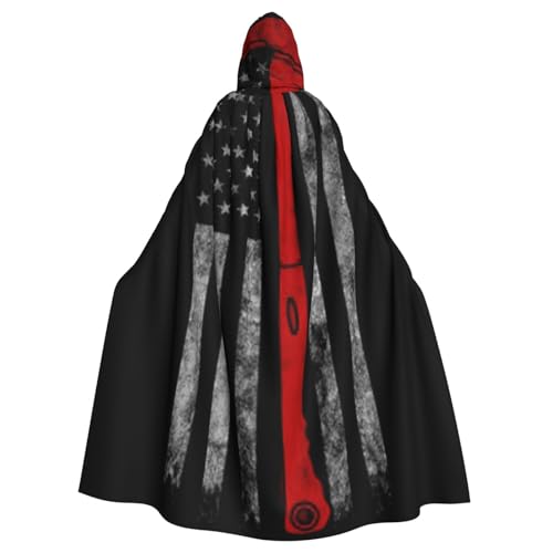 HYSDPUZK Halloween-Kapuzenumhang für Unisex-Erwachsene, lustiger Feuerwehr-Axt, rote Linie, Flagge, Druck, Party & Cosplay-Umhang ​ von HYSDPUZK