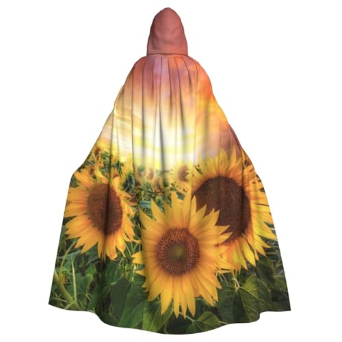 HYSDPUZK Halloween-Kapuzenumhang für Unisex-Erwachsene, lustiger Sonnenblumen, Sonnenuntergang, Sonnenlicht, Landschaft, Druck, Party & Cosplay-Umhang ​ von HYSDPUZK