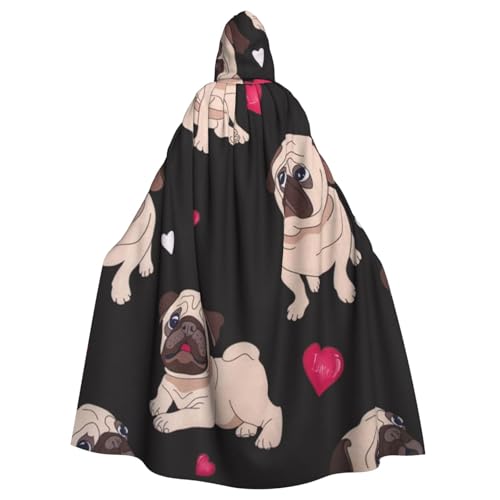 HYSDPUZK Halloween-Kapuzenumhang für Unisex-Erwachsene, lustiger niedlicher Mops-Druck, Party- und Cosplay-Umhang von HYSDPUZK