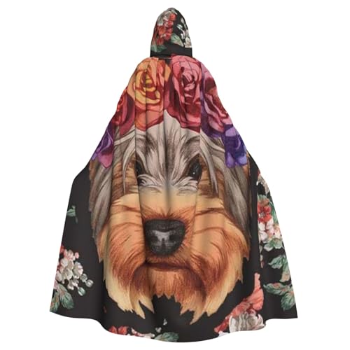 HYSDPUZK Halloween-Umhang mit Kapuze für Erwachsene, lustiger Yorkie-Hund, Blumendruck, Party- und Cosplay-Umhang von HYSDPUZK