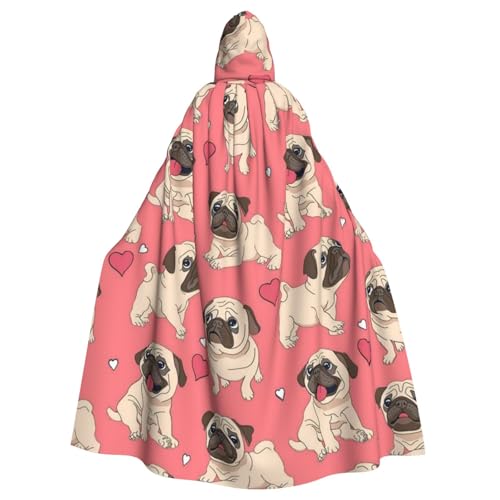 HYSDPUZK Halloween-Umhang mit Kapuze für Unisex-Erwachsene, lustiger Cartoon-Mops, Welpe, Hund, Druck, Party & Cosplay-Umhang ​ von HYSDPUZK