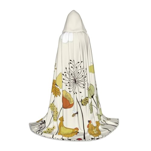 HYSDPUZK Kapuzenumhang für Teenager, Halloween, Cosplay, Maskerade, Zauberer-Robe, Motiv: Henne fliegende Schmetterlinge unter Blumen von HYSDPUZK