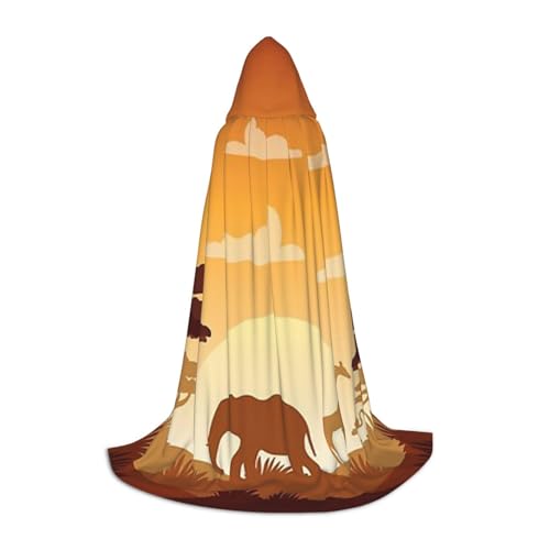 HYSDPUZK Kapuzenumhang mit Elefant und Giraffe im Sonnenuntergang für Teenager, Halloween-Kostüm, Cosplay, Maskerade, Zauberer-Robe von HYSDPUZK