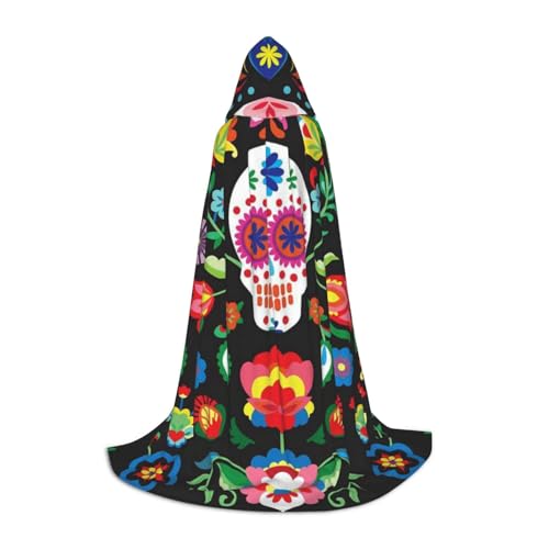 HYSDPUZK Sugar Horror Totenkopf und Blumen Kapuzenumhang für Teenager, Halloween-Kostüm, Cosplay, Maskerade, Zauberer-Robe von HYSDPUZK