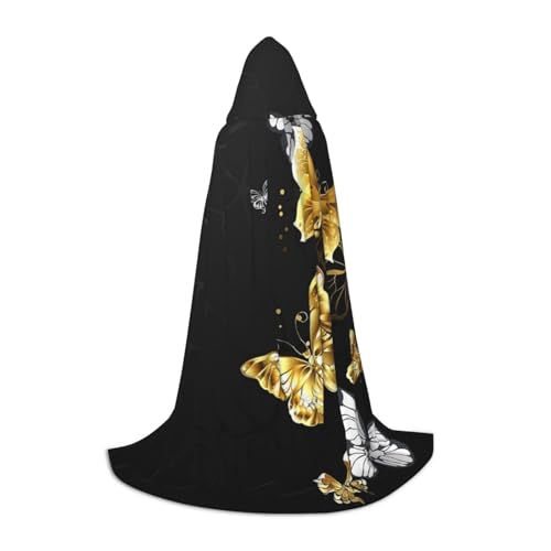 HYSDPUZK Umhang mit Kapuze für Teenager, Halloween, Cosplay, Maskerade, Zauberermantel, goldfarben, weiße Schmetterlinge, Schwarz von HYSDPUZK