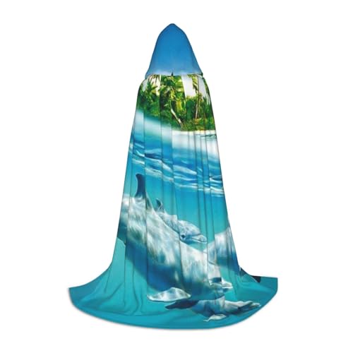 HYSDPUZK Umhang mit Kapuze für Teenager, Motiv: schwimmender Delfin im blauen Meer, Halloween-Kostüm, Cosplay, Maskerade, Zauberer-Robe von HYSDPUZK