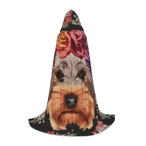 HYSDPUZK Yorkie-Hunde-Kapuzenumhang mit Blumenmuster für Teenager, Halloween-Kostüm, Cosplay, Maskerade, Zauberer-Robe von HYSDPUZK