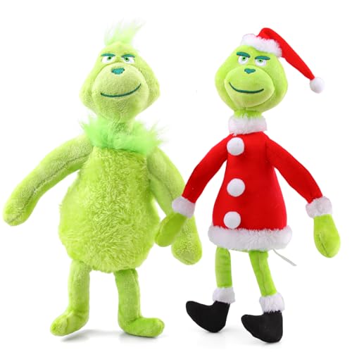 HYZMSZA 2 Stück Weihnachtsmuffel Kuscheltier, 32cm Santa Grin Hunde Plüsch Puppe mit Weihnachtsmütze, Grün 3 Plüschtier als Wurfkissen Stofftier, Weihnachtself Geschenk für Kinder Xmas Dekoration von HYZMSZA