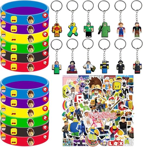 Videospiel Party Mitgebsel Kindergeburtstag, 74 Pcs R-oblox Kindergeburtstag Gastgeschenke, Give Aways Kindergeburtstag mit R-oblox Armbänder Schlüsselanhänger Aufkleber Geschenktüten Anstecker von HYZMSZA