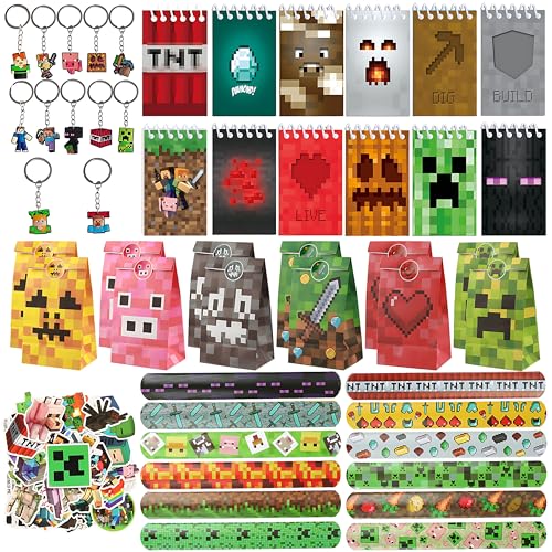 HYZMSZA Videospiel Party Mitgebsel, 98 Pcs Kindergeburtstag Gastgeschenke mit Spiel Armbänder Schlüsselanhänger Geschenktüten Aufkleber, Gamer Theme Party Zubehör, Pixel Party Mitgebsel Kinder von HYZMSZA