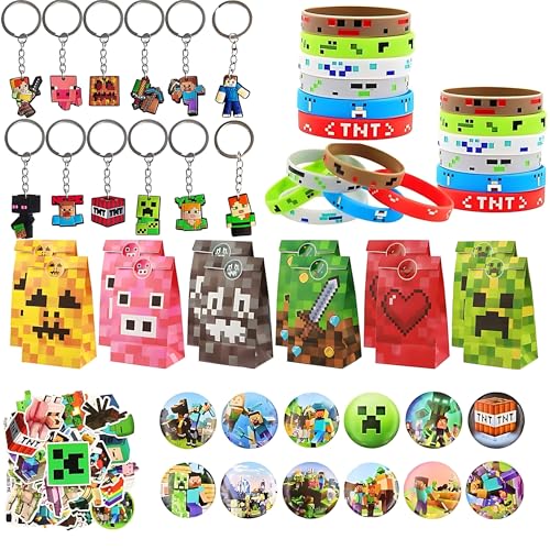HYZMSZA Videospiel Spiel Party Mitgebsel, 98 Stück Videospiel Party Mitgebsel mit Videospiel Schlüsselanhänger Geschenktüten Silikon Armband Abzeichen Aufkleber für Kindergeburtstag Mitgebsel Deko von HYZMSZA
