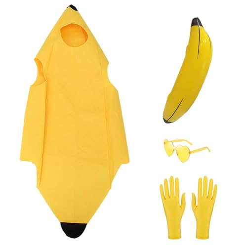 4 PCS Bananenkostüm Set, Festival Kostüm Herren,Bananen Kostüm Erwachsene mit Handschuhen und Brille, Lustige Kostüme für Karneval und Halloween, Festival Herren und Damen von HYZSHL