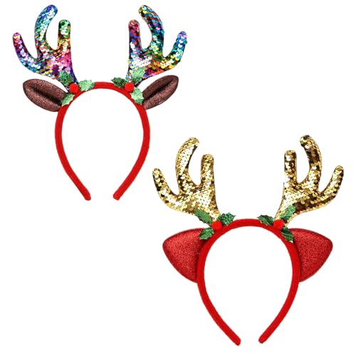 HYZSHL 2 Stück Rentierohren Weihnachts Haarreif, Weihnachten Haarreif, Weihnachtshaarreif, Fischschuppen Rentiergeweih Haarreifen, Festliche Weihnachten Haaraccessoires für Damen und Kinder von HYZSHL