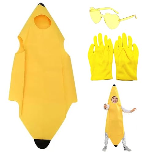 HYZSHL Bananen Kostüm, Bananenkostüm Mit Handschuhen und Brille, Witzige Kostüme, Lustiges Verkleidungsset für Karneval Halloween Party Cosplay und Gruppenaktivitäten für Kinder von HYZSHL