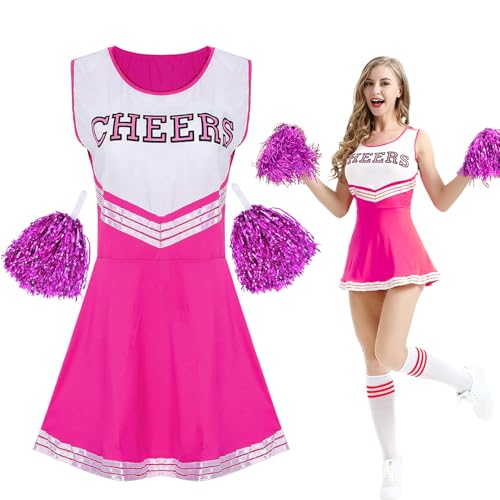 HZMJDHZM Cheerleader Kostüm, Cheerleader Kostüm Damen, Cheer-Uniform Rosa-weiß Cheerleader Costume Süßes Sexy Cheerleading-Outfit mit Pompons und Socken, für Mädchen Damen Karneval Party (Rosa, S) von HZMJDHZM