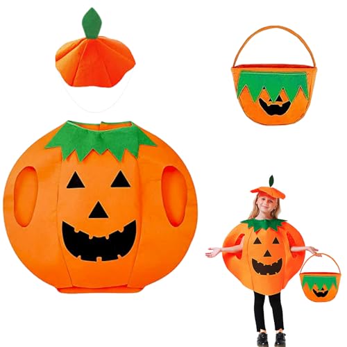 HZMJDHZM Halloween Kürbis Kostüm, Kürbiskostüm Kinder, Kürbis Kleidung mit Mütze und Kürbistasche, Lustige Süß Kürbis-Kostüm Anzug Junge Mädchen für Cosplay Halloween Karneval Mottoparty (Kind) von HZMJDHZM