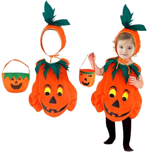 HZMJDHZM Kinder Kürbis Kostüm Anzug,Kürbis Kostüm Kinder,Halloween Kürbis Kostüm,Halloween Kürbis Kostüm mit Tasche + Hut für Pumpkin Halloween Cosplay Party Kleidung (M) von HZMJDHZM