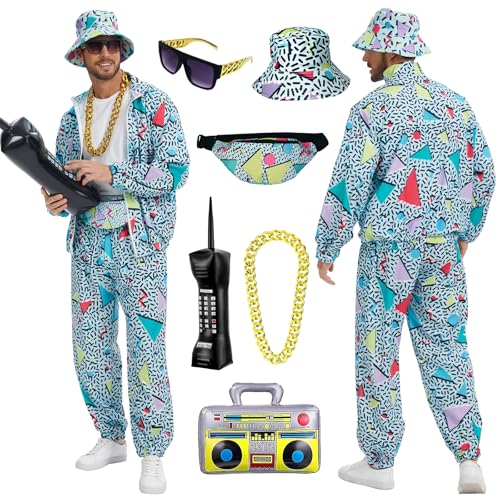 80er Jahre Outfit Herren Set, 90er Retro Trainingsanzug Herren, Streetwear Hip-Hop Karneval Kostüm Jacke Und Hose, Fasnachtskostüme, Cosplay Kleidung (Grün, M) von HZVRTN