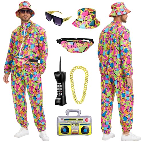 80er Jahre Outfit Herren Set, 90er Retro Trainingsanzug Herren, Streetwear Hip-Hop Karneval Kostüm Jacke Und Hose, Fasnachtskostüme, Cosplay Kleidung (Rot, S) von HZVRTN