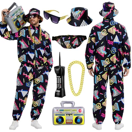 80er Jahre Outfit Herren Set, 90er Retro Trainingsanzug Herren, Streetwear Hip-Hop Karneval Kostüm Jacke Und Hose, Fasnachtskostüme, Cosplay Kleidung (Schwarz, M) von HZVRTN