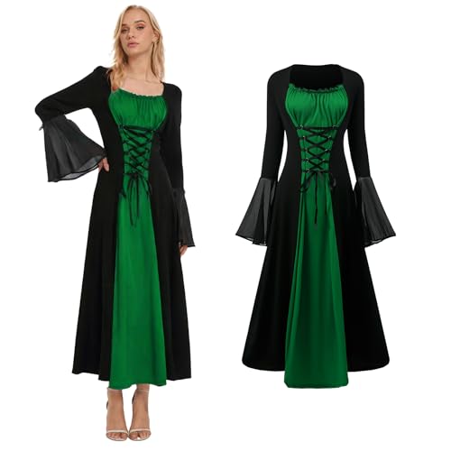 HZVRTN Renaissance Kleid Damen, Mittelalter Kleidung Damen mit Trompetenärmel, Gothic Kleid für Halloween Karneval Party (Grün, XL) von HZVRTN