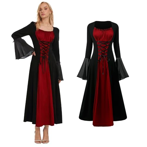 HZVRTN Renaissance Kleid Damen, Mittelalter Kleidung Damen mit Trompetenärmel, Gothic Kleid für Halloween Karneval Party (Rot, L) von HZVRTN