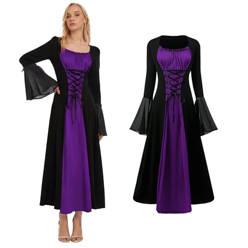 HZVRTN Renaissance Kleid Damen, Mittelalter Kleidung Damen mit Trompetenärmel, Gothic Kleid für Halloween Karneval Party (Violett, 2XL) von HZVRTN