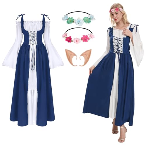HZVRTN Renaissance Kleid Damen Kostüme Mittelalter Gewand mit Zubehör Kranz (Blau, XXL) von HZVRTN