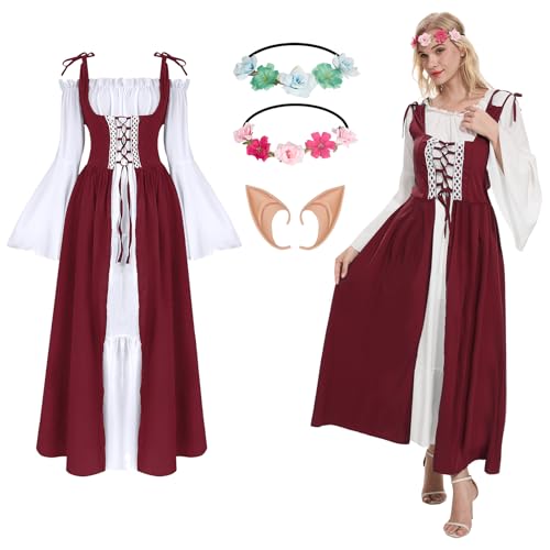 HZVRTN Renaissance Kleid Damen Kostüme Mittelalter Gewand mit Zubehör Kranz (Rosa, M) von HZVRTN