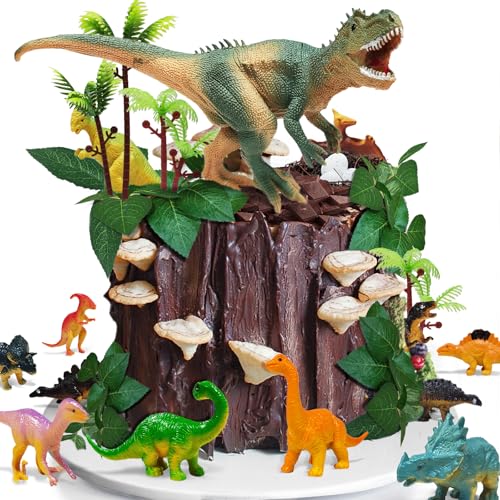 HZYKDWD 26 Stück Dinosaurier Kuchen Toppers, Dinosaurier Eier, Blätter und Bäume für Geburtstagsfeier, Kuchendekorationen für Kinderpartys (B) von HZYKDWD