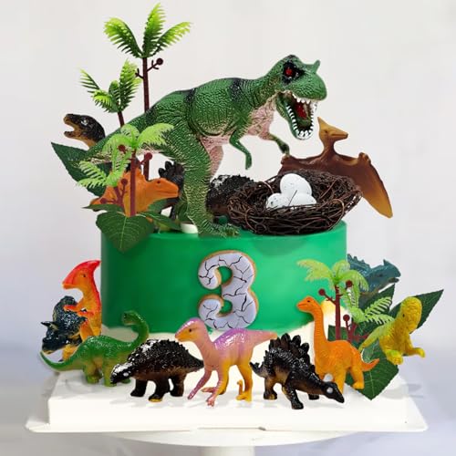 HZYKDWD Dinosaurier-Kuchendekoration, 26 Stück Dinosaurier-Eier, Blätter und Bäume, für Geburtstagsfeier, Kuchendekorationen für Kinderpartys (A) von HZYKDWD