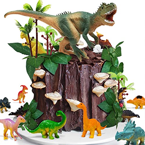 HZYKDWD Dinosaurier-Kuchendekorationen mit Dinosaurier-Eiern, Blättern, Bäumen, Kuchendekorationen für Geburtstagsparty, Wildtier-Party, Kinder-Kuchendekorationen (B), 26 Stück von HZYKDWD
