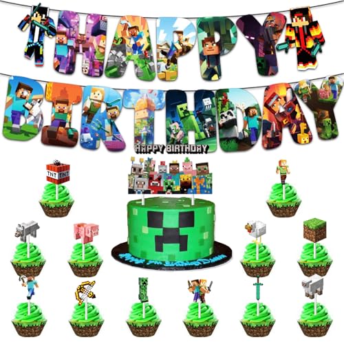 Tortendeko, Pixel Cake Topper, Miner Game Cupcake Toppers, Video Game Kuchendeko Geburtstag, Miner Game Happy Birthday Banner für Jungen Geburtstag Party Dekoration Supplies, 14 Stück Tortendeko, Pixel Cake Topper, Miner Game Cupcake Toppers, Video Game Kuchendeko Geburtstag, Miner Game Happy Birthday Banner für Jungen Geburtstag Party Dekoration Supplies, 14 Stück von HaOrchid