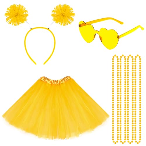 80er Jahre Damen Tutu Kostüm Zubehör Gelb Tutu Frauen Herz Sonnenbrille Pom Stirnband Rock Halskette Halloween Karneval (Gelb) von Haakong