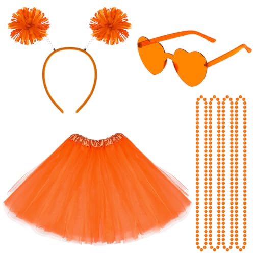80er Jahre Tutu Kostüm Zubehör für Frauen Tutu Rock Herz Sonnenbrille Pom Pom Stirnband Halskette für Halloween Karneval Party, Orange/Abendrot im Zickzackmuster (Sunset Chevron), Einheitsgröße von Haakong
